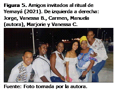 Cuadro de texto: Figura 5. Amigos invitados al ritual de Yemay (2021). De izquierda a derecha: Jorge, Vanessa B., Carmen, Manuela (autora), Marjorie y Vanessa C. 
 
Fuente: Foto tomada por la autora.

