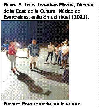 Cuadro de texto: Figura 3. Lcdo. Jonathan Minota, Director de la Casa de la Cultura- Ncleo de Esmeraldas, anfitrin del ritual (2021).
 
Fuente: Foto tomada por la autora.


